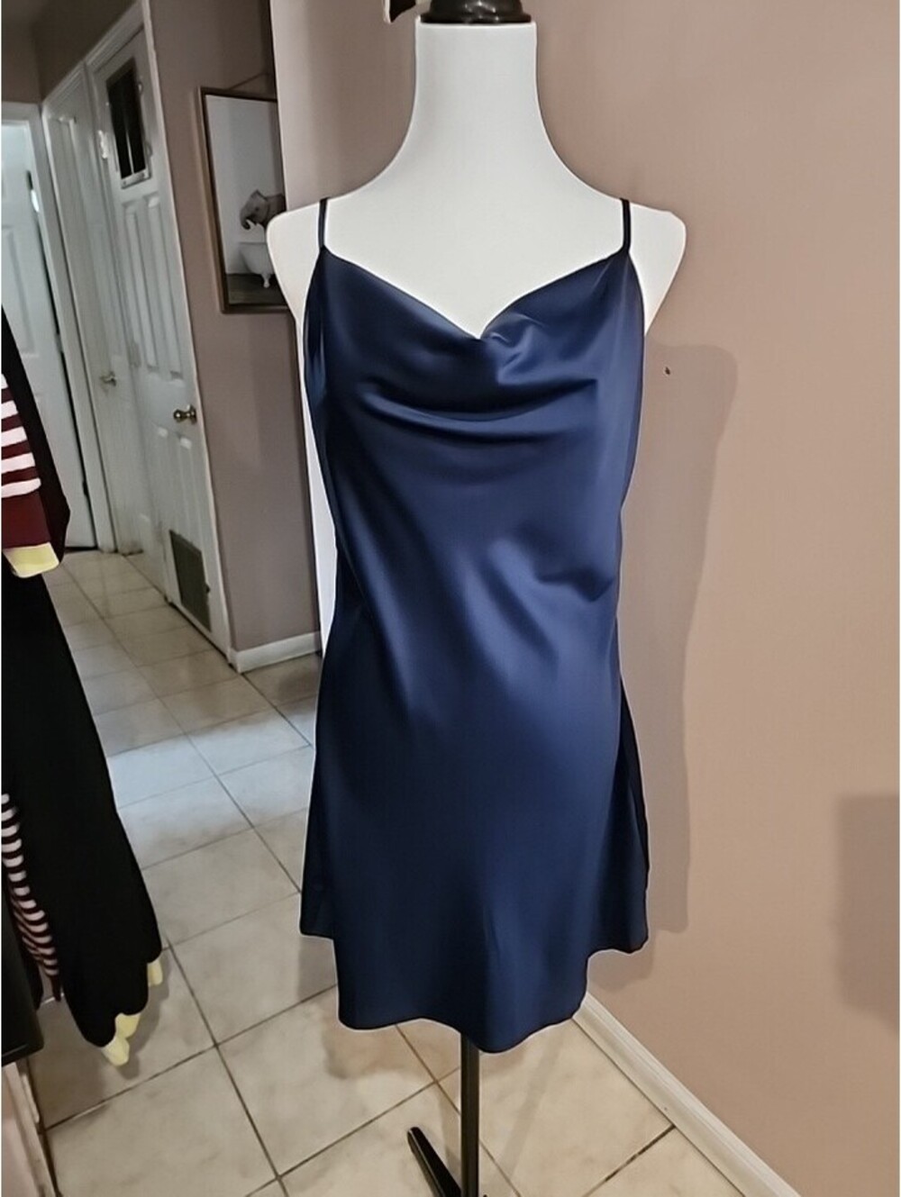 Urban Outfitters Navy Blue Satin Cowl Neck Slip Dress Mini Adjustable Straps L